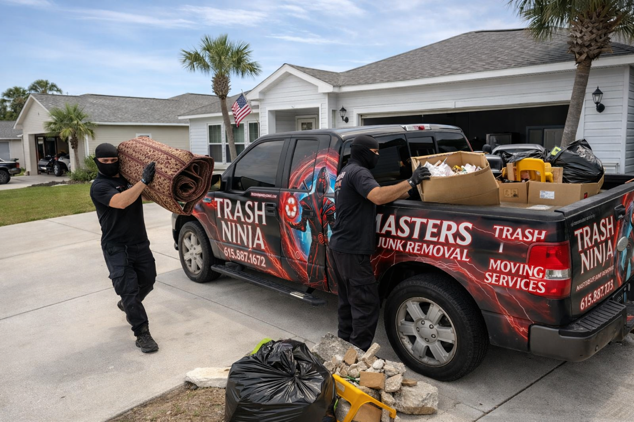 Trash Ninjas LLC crew loading junk into a branded pickup truck